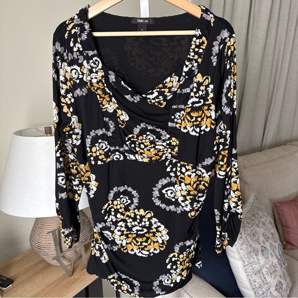Style & Co Womens Black/grey/gold Floral Long Sleeve Blouse Size XL - Picture 2 of 7